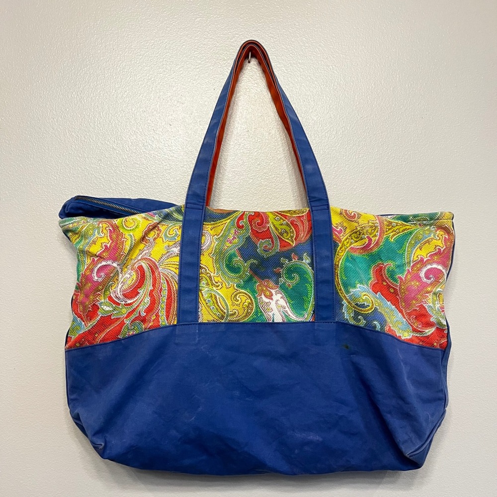 Ralph Lauren Paisley Canvas Tote Bag Blue Multicolor‎ Zip Travel Beach VTG Rare